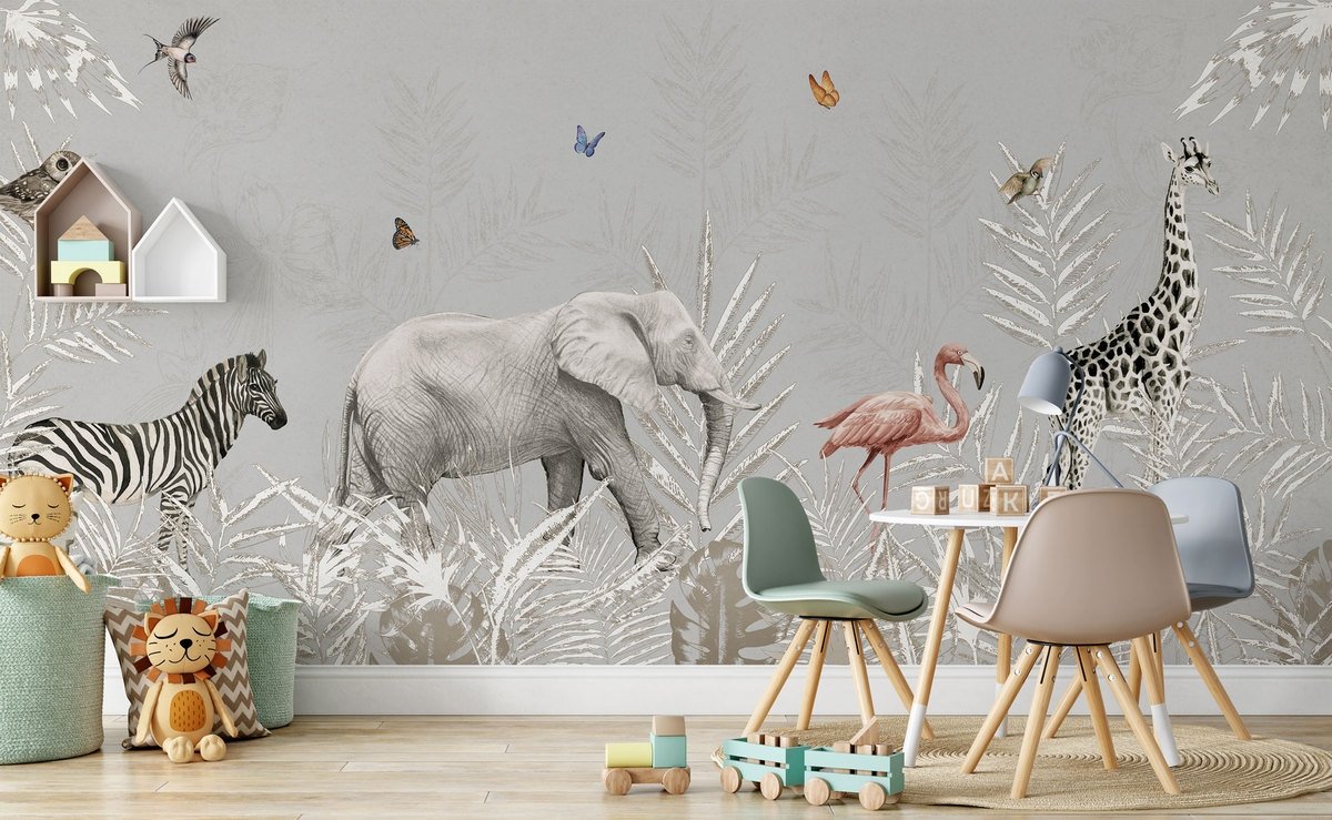 Tropical Animals with Leafs Wallpaper Mural For Children - Peel and Stick