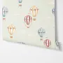 Watercolor blue wallpaper with hot air balloons, cream clouds and peach stars on pale sage green
