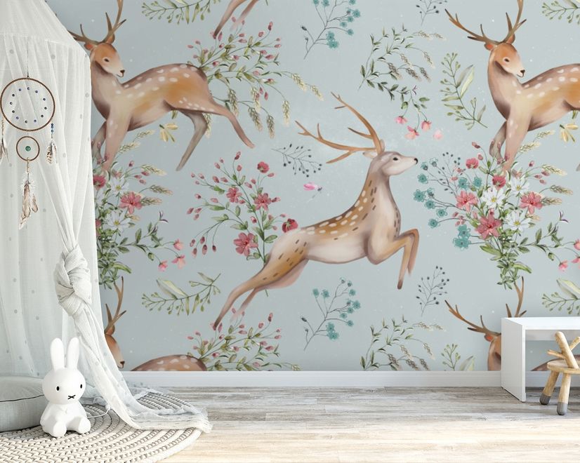 Nursery Vintage Floral with Deer Wallpaper Mural