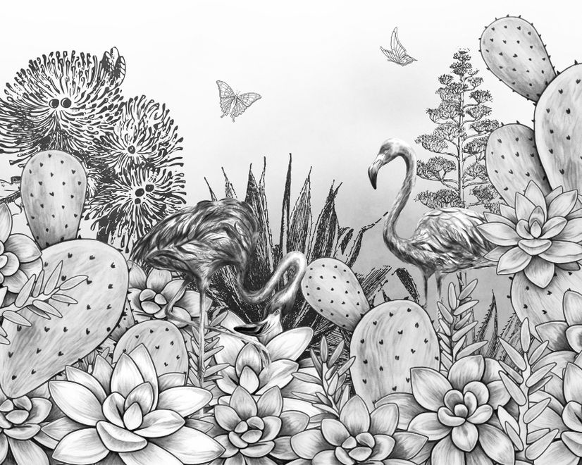 Monochrome Cactus Floral with Flamingo Drawing Wallpaper Mural