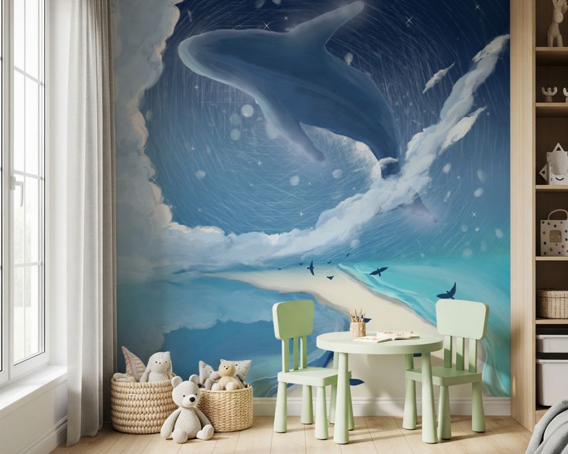Cartoon Whale with Nightscape Wallpaper Mural