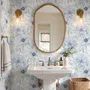 Blue floral wallpaper with watercolour anemone blooms, mint sage leaves and yellow ochre centres on white