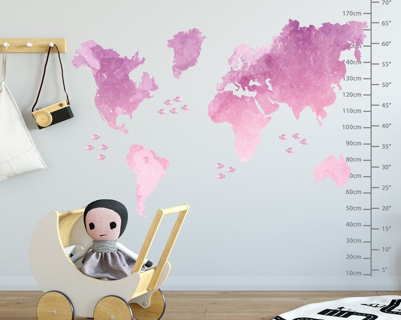 Stickers muraux cartes monde roses petits poissons enfants
