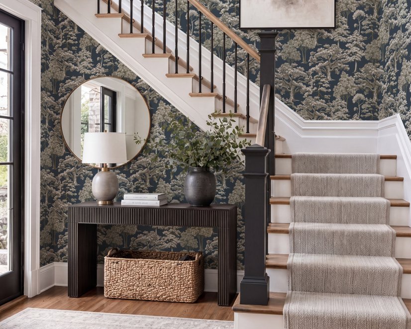 Navy wallpaper with warm ivory and taupe grey toile tree repeat on deep slate blue ground