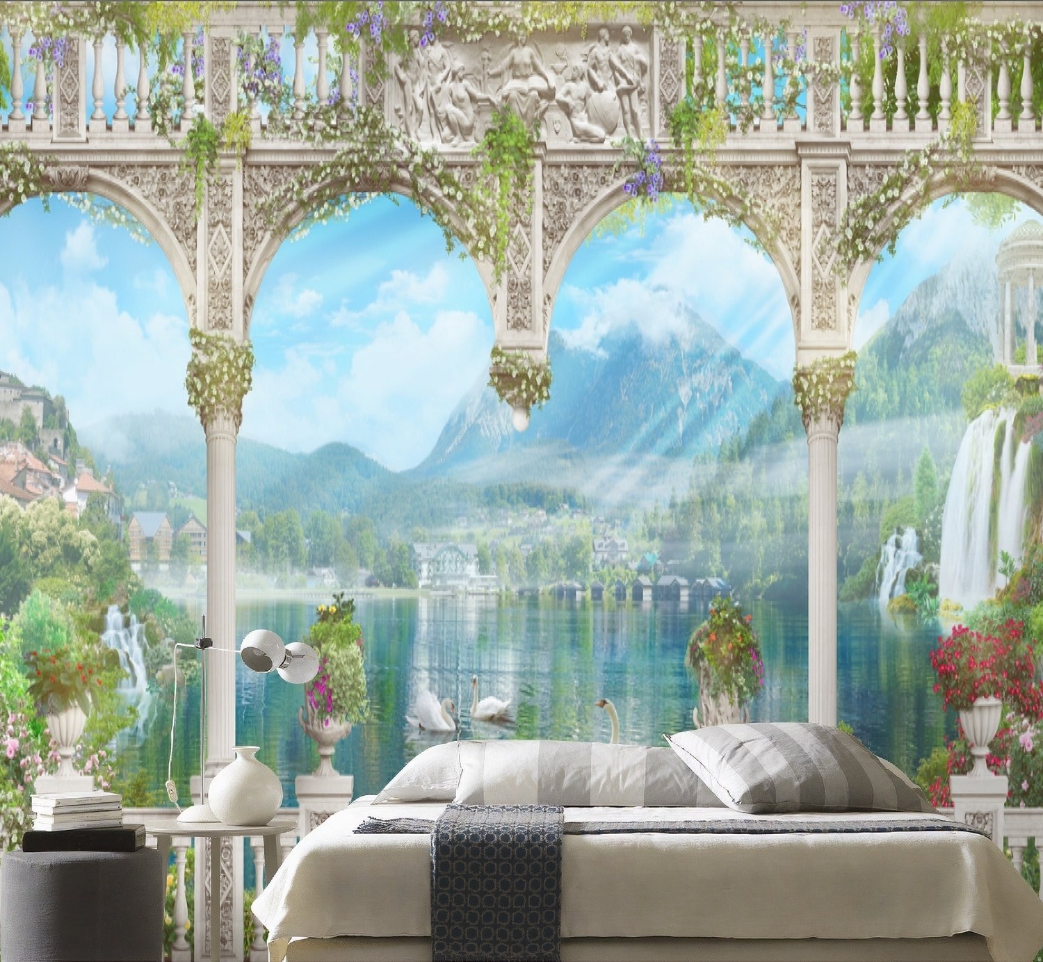 Lake Landscape on the Swan with European Style White Arches Wallpaper Mural - Peel and Stick