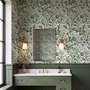 Sage green botanical floral wallpaper with white poppy flowers, lobed leaves and dotted seed centres
