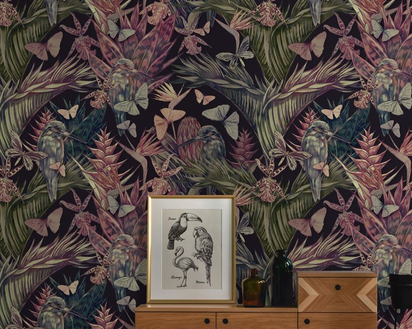 Tropical Birds on Branch with Butterflies Wallpaper Mural