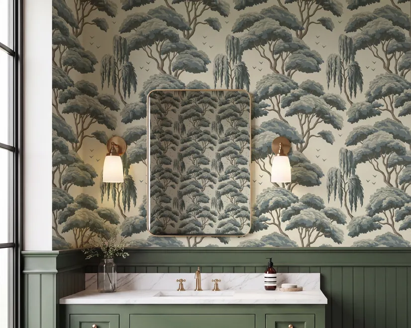 Vintage Japanese tree nature wallpaper with blue-grey canopies, willow foliage, birds and ivory-cream ground