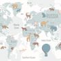 Kids Blue Political World Map with Colorful Animal Silhouette Wallpaper Mural