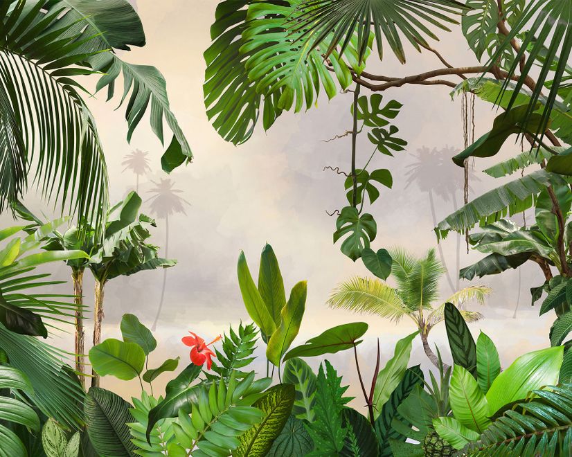 Papier peint panoramique réaliste des plantes de la jungle tropicale
