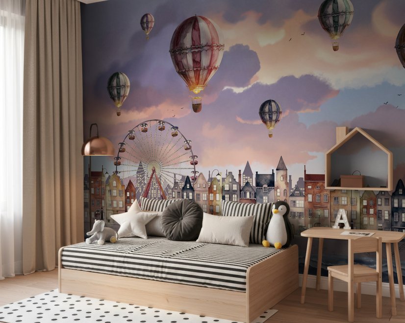 Kinder Fototapete mit Hafen, Dorf und Heißluftballons
