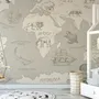Kids Soft Brown Continent World Map with Drawing Animals Wallpaper Mural
