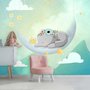 Papier peint panoramique aquarelle, éléphant mignon et lune
