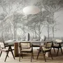 Coastal woodland wallpaper mural with grey trees, sandy path, sea horizon and small white sailboats