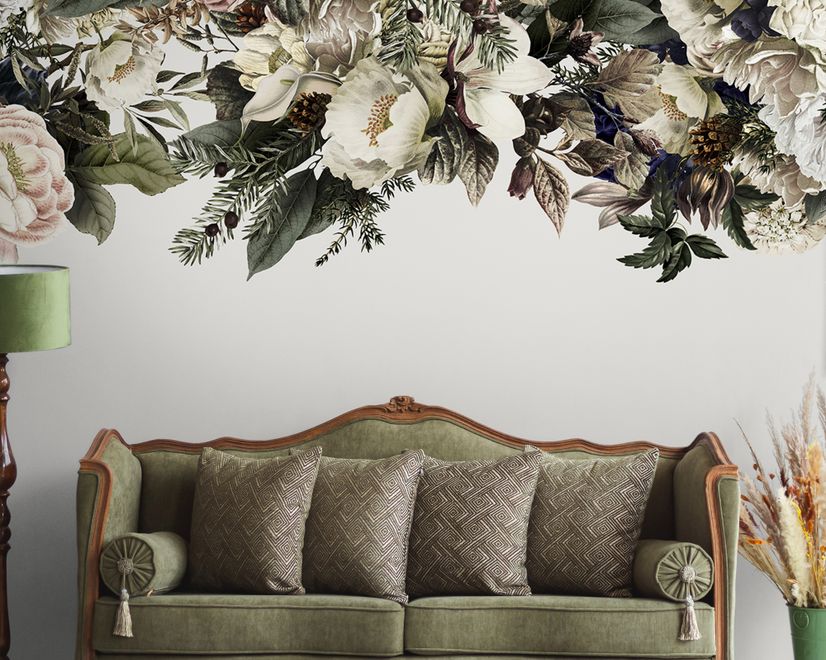 Retro Dark White Flowers Wallpaper Mural