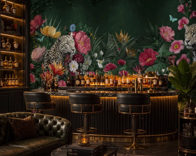 Elegant Tropical Botanical Floral and Leopard Wallpaper 