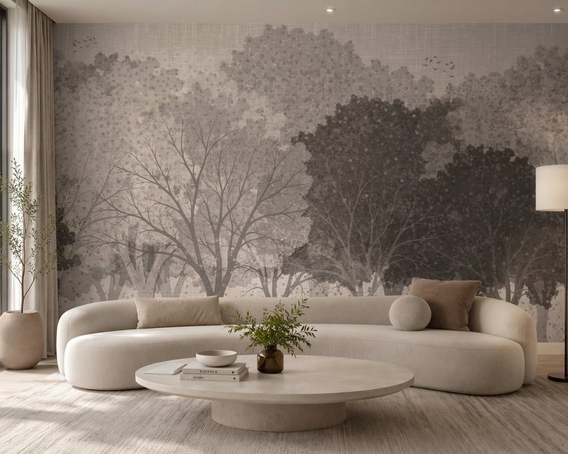 Misty forest nature wallpaper mural in greige, taupe and charcoal watercolour with birds