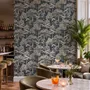 Navy wallpaper with warm ivory and taupe grey toile tree repeat on deep slate blue ground