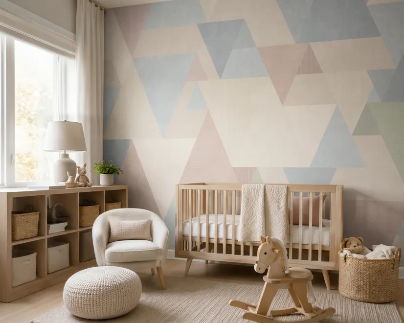 Pastel abstract wallpaper with overlapping sky blue, blush, cream, sage and grey textured triangles