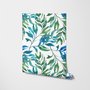 Dark olive green wallpaper with teal and cobalt watercolour lance leaves on a white ground