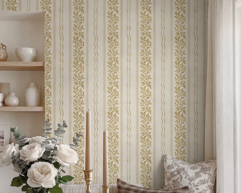 Gold and white wallpaper with antique gold leafy sprig stripes on parchment cream
