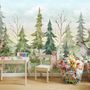 Kids Watercolor Pine Tree Forest with Animals Wallpaper Mural