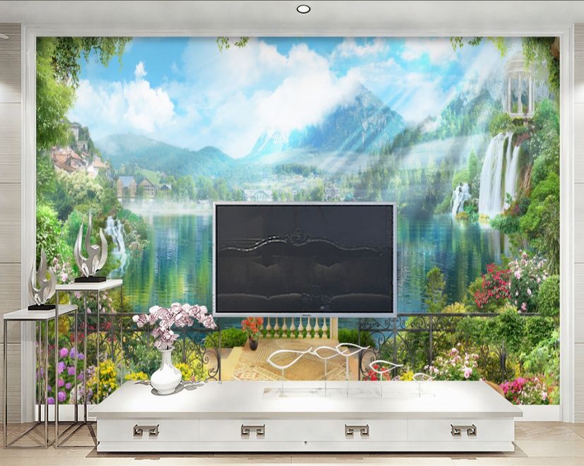 Fototapete Wasserfall und weiße Schwäne mit Gartenblumen Landschaft
