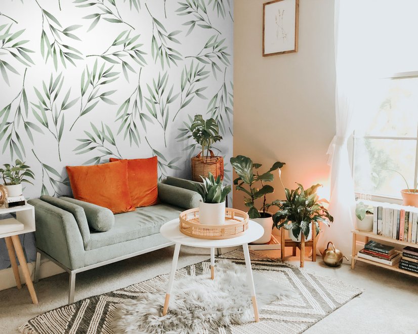 Watercolor Green Olive Leaves Pattern Wallpaper Mural