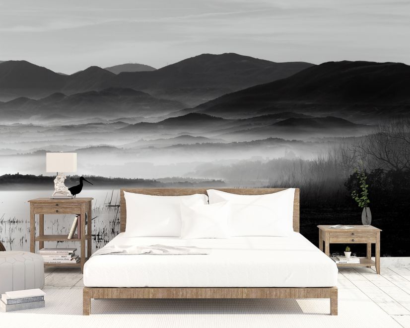 Monochrome Dark Lake Landscape Wallpaper Mural
