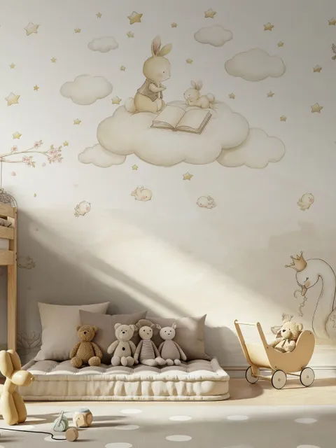 Rabbits on the Clouds and Empty Cages Wallpaper Mural