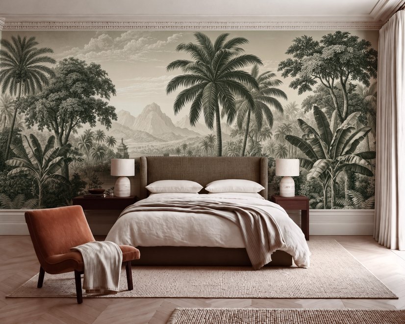 Sepia tropical landscape wallpaper with palms, banana plants, lagoon, bridge and mountains