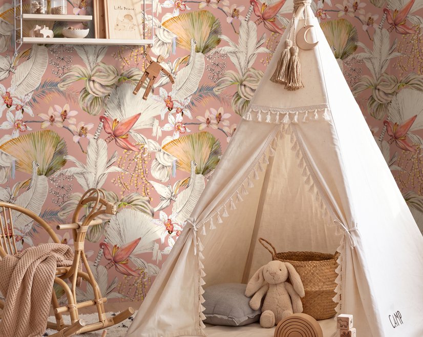 Pink tropical wallpaper with ivory fan palms, orchids, coral blossoms and sage foliage on dusty rose