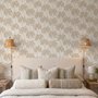 Muted sandy taupe palm trees and pale foliage on a creamy ivory ground tropical wallpaper