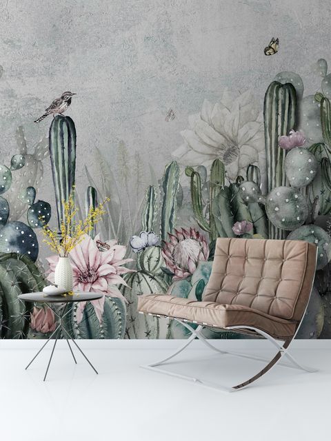Watercolor Cactus with Flowers Wallpaper Mural