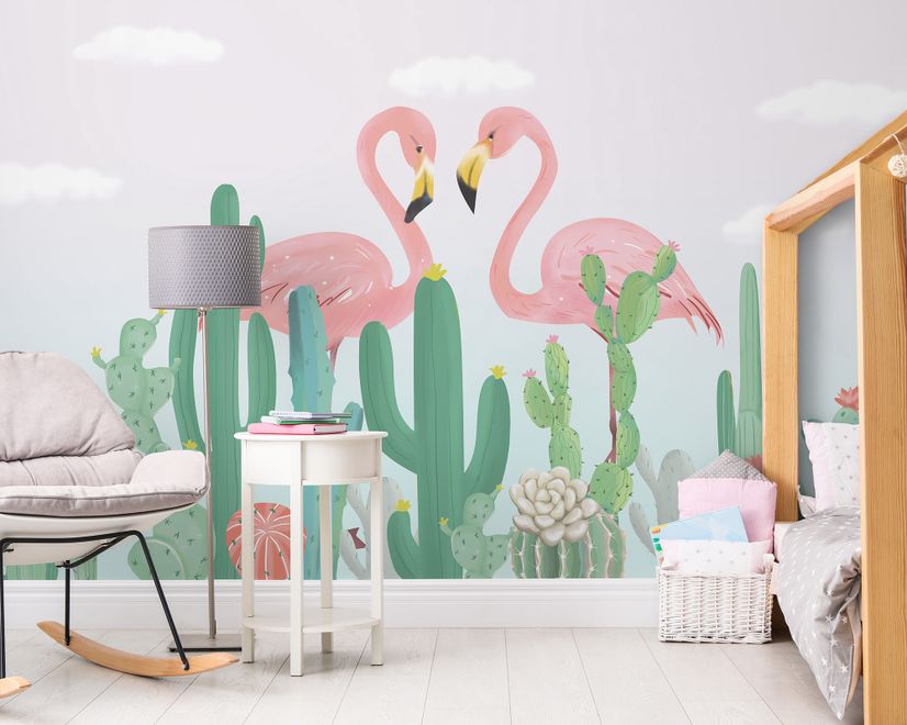 Flamingo Couple with Cactus Wallpaper Mural