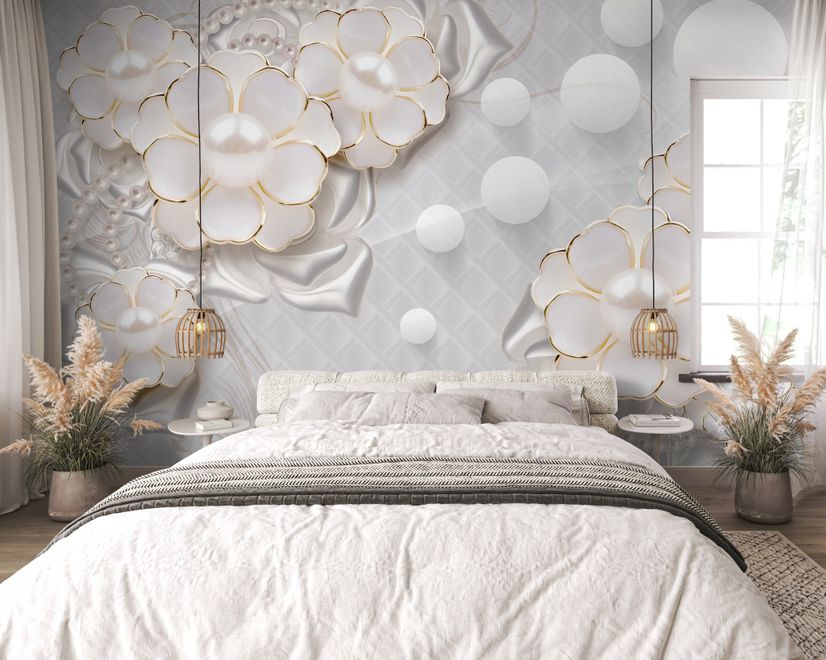 3D Look White Pearl Flower Wallpaper Mural