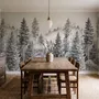 Monochrome forest with fog wallpaper mural showing tall pine trees, firs and silver-grey mist