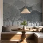 Light gray wallpaper mural with misty forest trees, falling leaves and birds