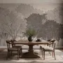 Misty forest nature wallpaper mural in greige, taupe and charcoal watercolour with birds