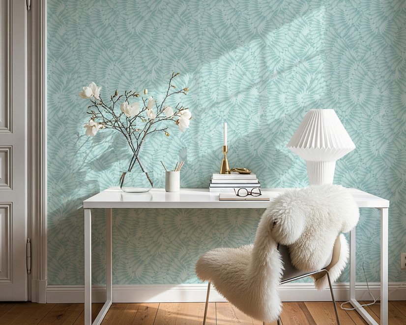 Aqua fern wallpaper with overlapping icy blue palm fronds on a pale aqua ground