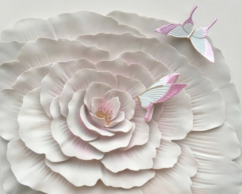 3D Embossed Look Flowers and Butterfly Wallpaper Mural