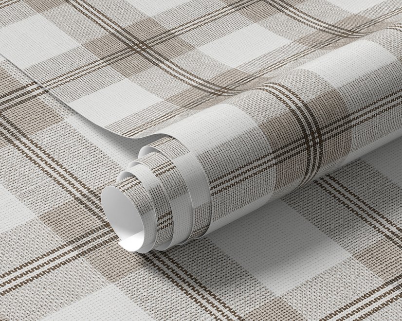 Neutral beige and brown plaid wallpaper with cream squares, taupe woven blocks and fine dark brown lines