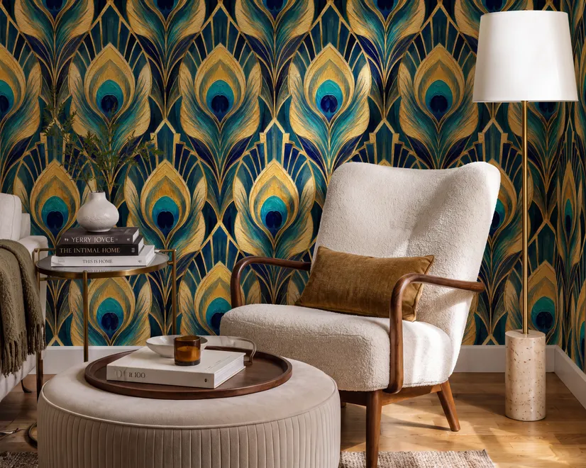 Art Deco feathers wallpaper with turquoise peacock eyes, gold plumes and navy teal ground