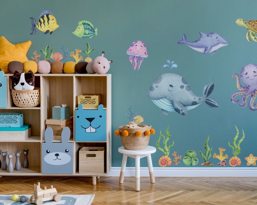 Kids Nursery Undersea Wall Decals Cute Whale with Sea Animals Wall Sticker
