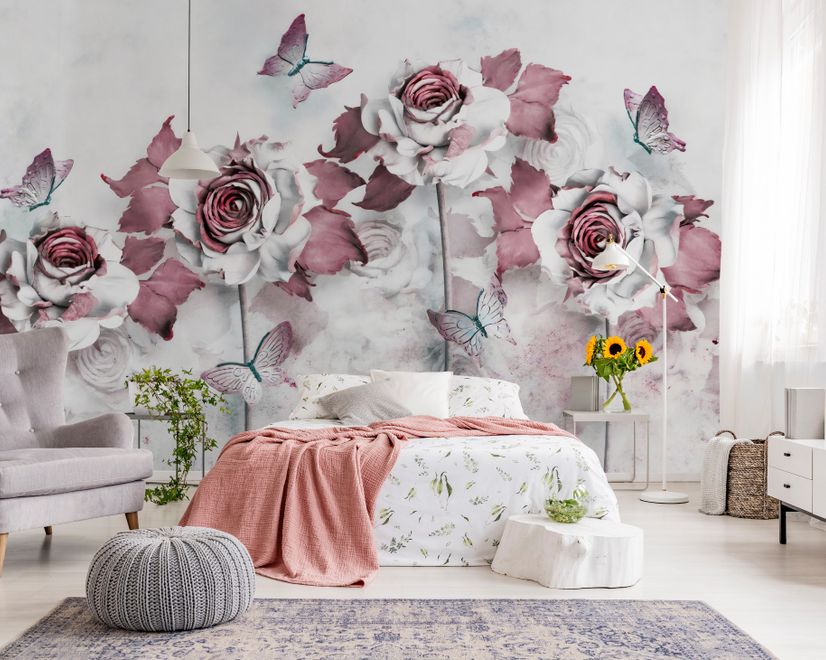 Elegant Floral with Little Butterfly Wallpaper Mural