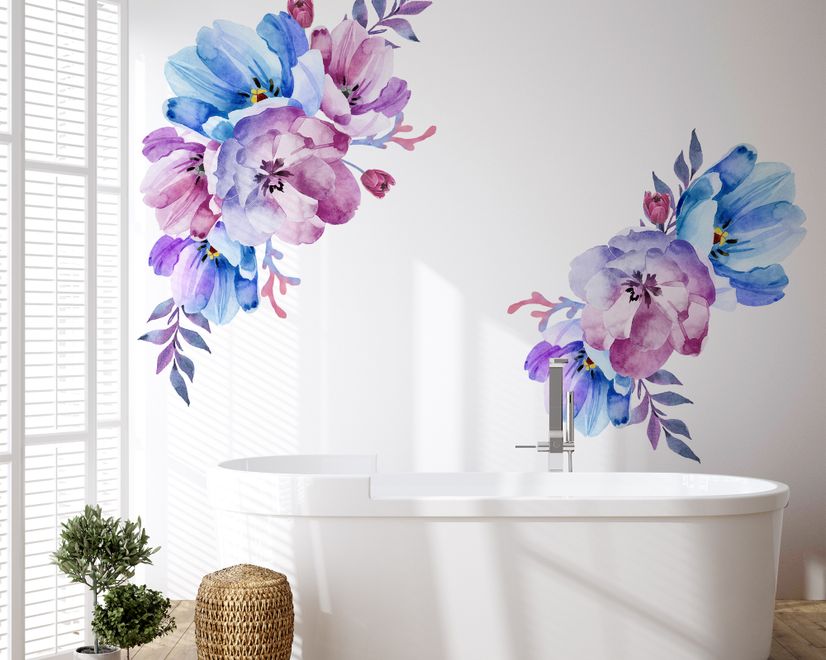 Watercolor Pink Blue Gardenia Floral Bouqets Wall Decal Sticker
