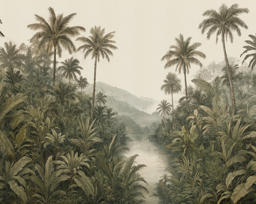 Fototapete Nebelwald mit Dschungelpalmen und Fluss