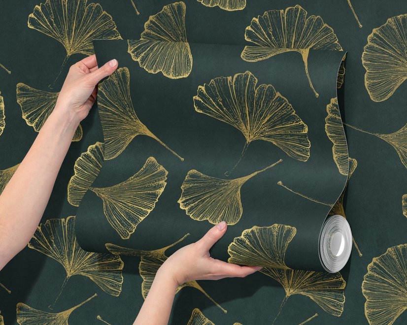 Dark green wallpaper with metallic antique-gold etched ginkgo leaves on a textured forest-green teal ground