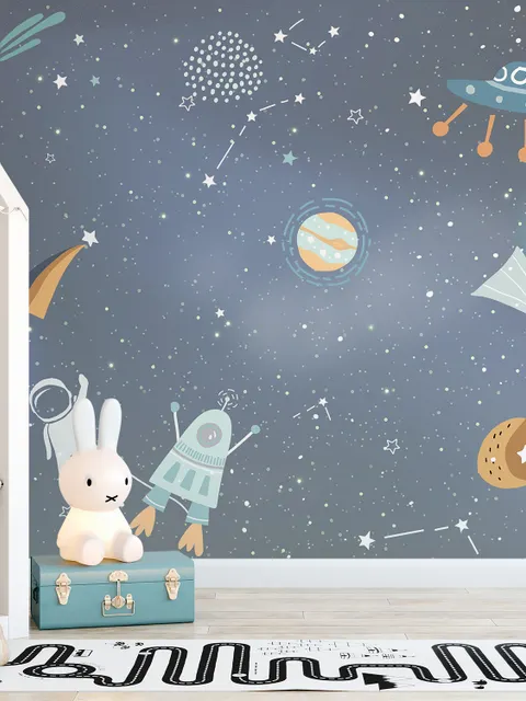 Kinder Cartoon-Weltraum mit bunten Planeten und kleinen Sternen Fototapete