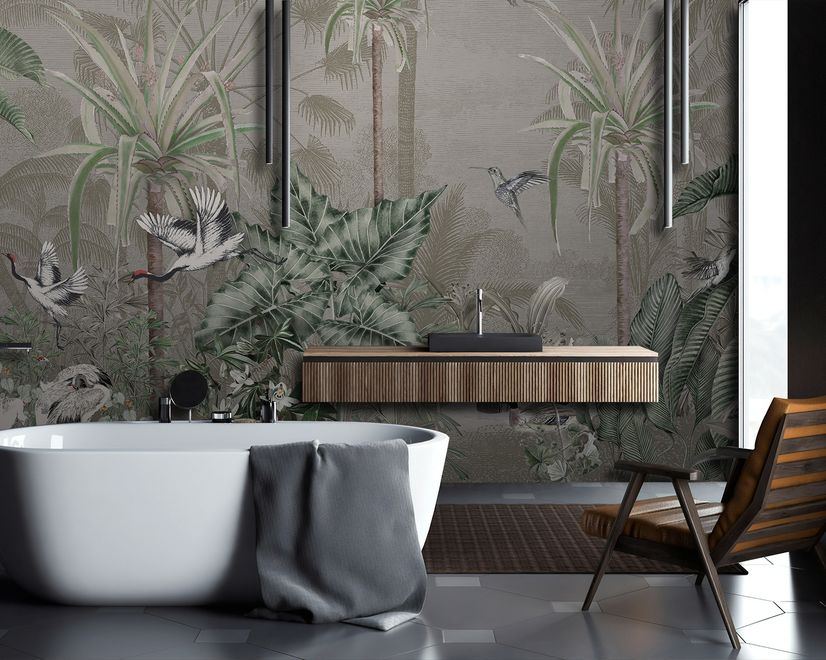 Retro Soft Forest with Stork Wallpaper Mural